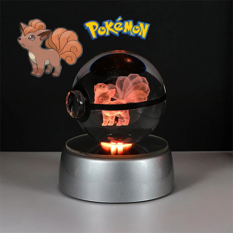 Pokemon 3D Crystal Ball Lamp – Pokeball Base with Glass Pokemon Figures, LED Night Light