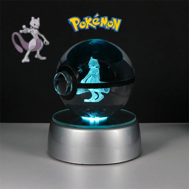 Pokemon 3D Crystal Ball Lamp – Pokeball Base with Glass Pokemon Figures, LED Night Light