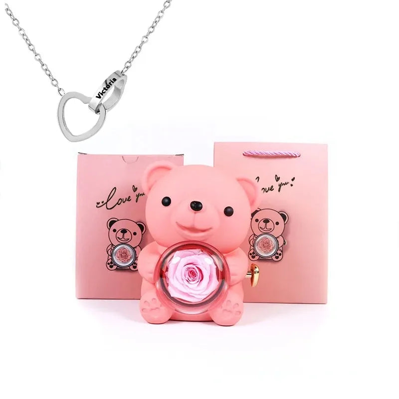 Eternal Rose Teddy Bear Jewelry Gift Box with Necklace – Romantic Storage Case for Valentine’s Day and Weddings