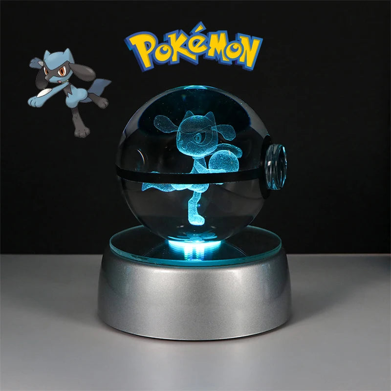 Pokemon 3D Crystal Ball Lamp – Pokeball Base with Glass Pokemon Figures, LED Night Light