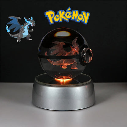 Pokemon 3D Crystal Ball Lamp – Pokeball Base with Glass Pokemon Figures, LED Night Light