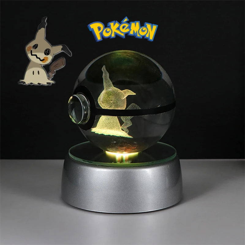 Pokemon 3D Crystal Ball Lamp – Pokeball Base with Glass Pokemon Figures, LED Night Light