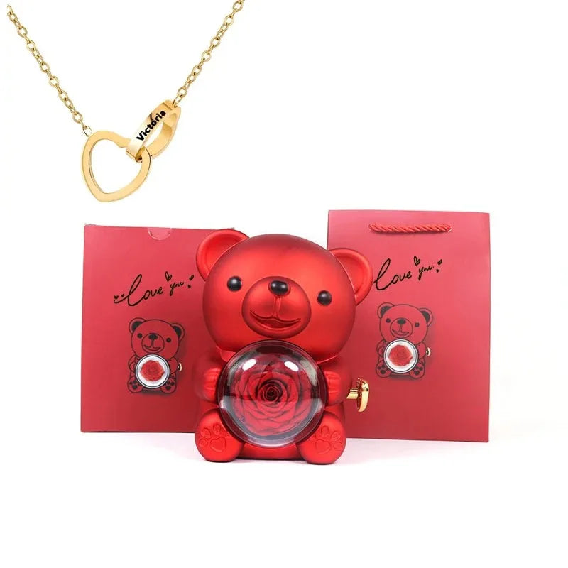 Eternal Rose Teddy Bear Jewelry Gift Box with Necklace – Romantic Storage Case for Valentine’s Day and Weddings