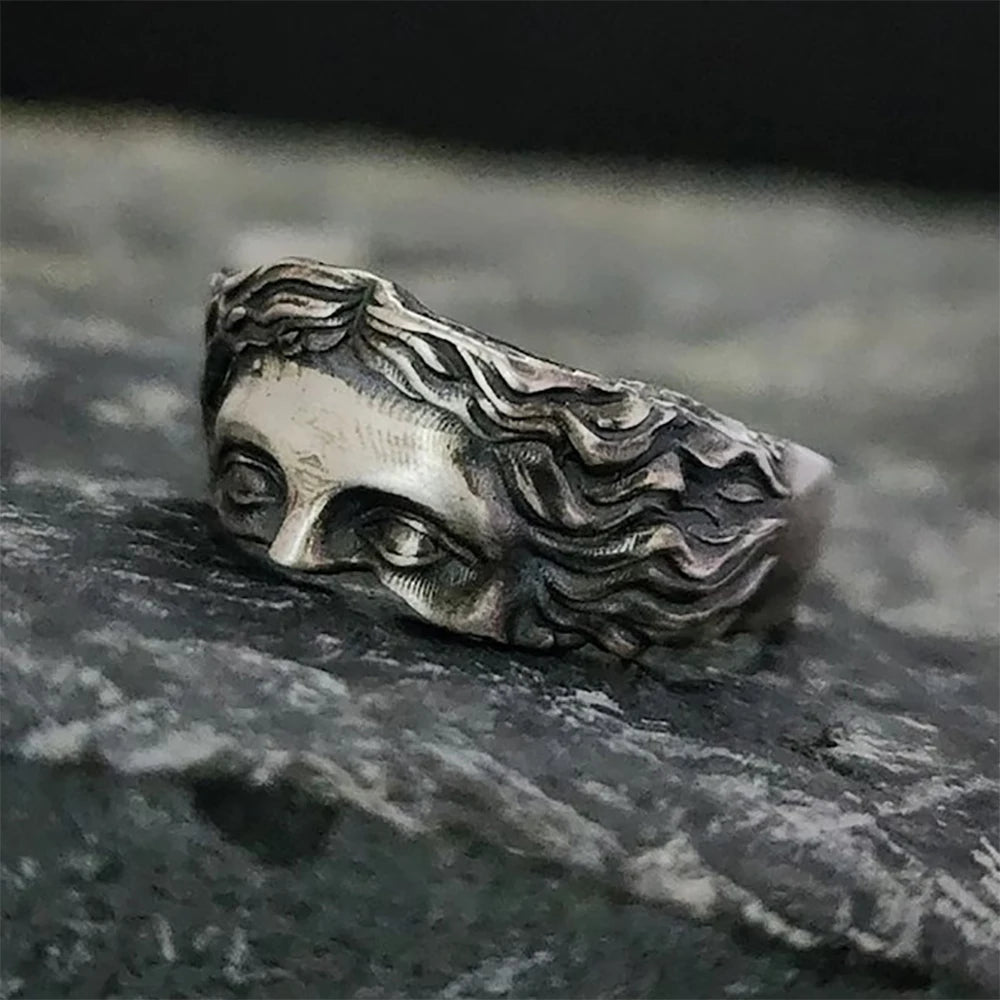 Creative Venus Mask Ring for Men – Retro Thai Silver Relief with Adjustable Opening, Perfect Confessing Gift