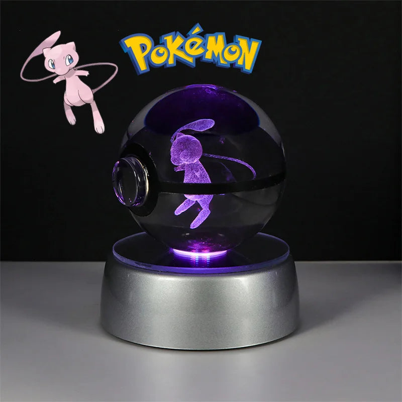 Pokemon 3D Crystal Ball Lamp – Pokeball Base with Glass Pokemon Figures, LED Night Light