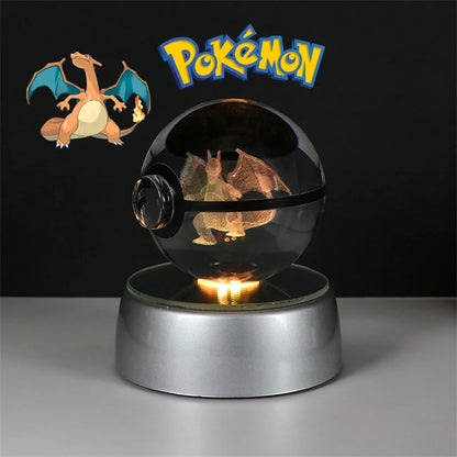 Pokemon 3D Crystal Ball Lamp – Pokeball Base with Glass Pokemon Figures, LED Night Light