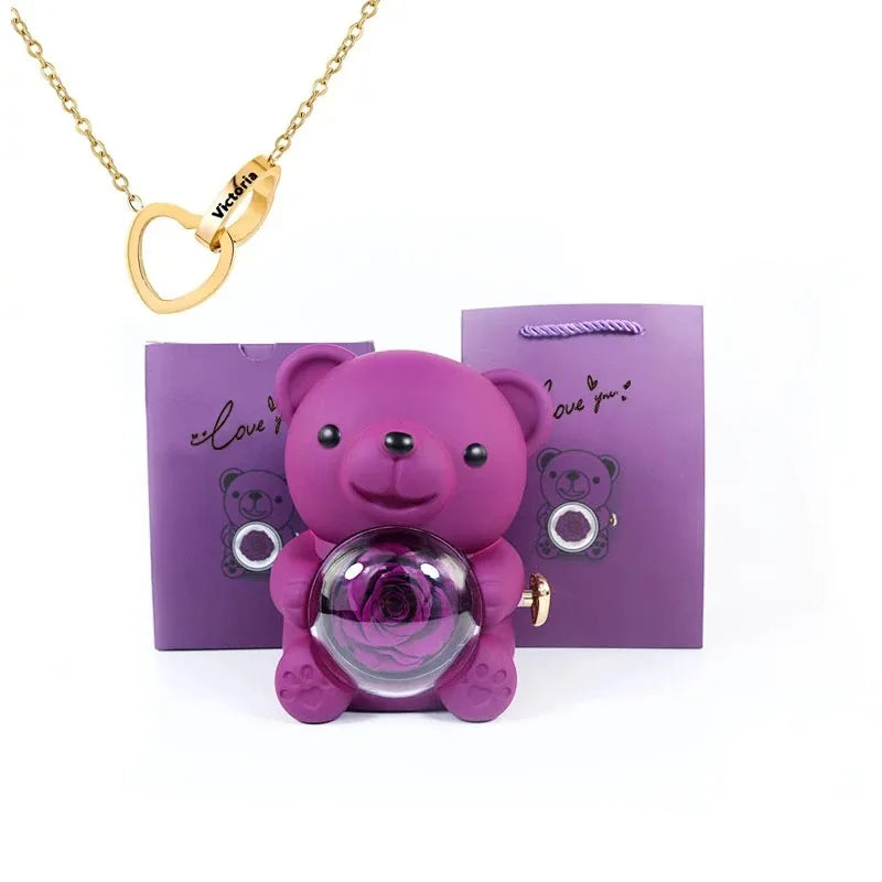 Eternal Rose Teddy Bear Jewelry Gift Box with Necklace – Romantic Storage Case for Valentine’s Day and Weddings