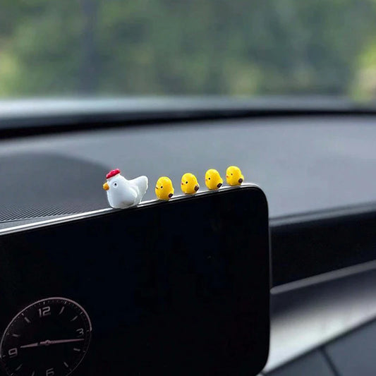 5PC Car Interior Decoration Set – Cute Female Cartoon Figurines with Mini Yellow Chicken for Rearview Mirror & Air Outlet