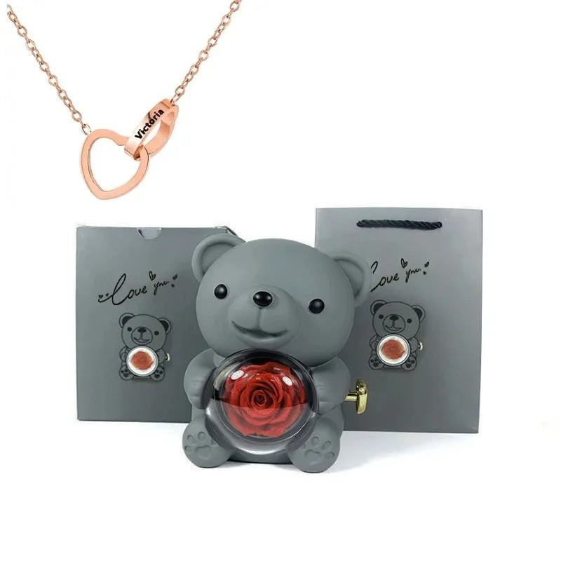 Eternal Rose Teddy Bear Jewelry Gift Box with Necklace – Romantic Storage Case for Valentine’s Day and Weddings