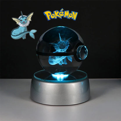 Pokemon 3D Crystal Ball Lamp – Pokeball Base with Glass Pokemon Figures, LED Night Light