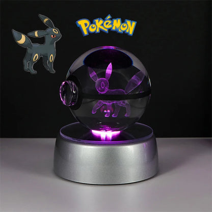 Pokemon 3D Crystal Ball Lamp – Pokeball Base with Glass Pokemon Figures, LED Night Light