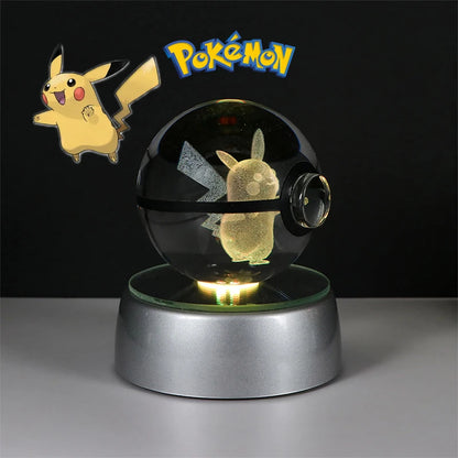 Pokemon 3D Crystal Ball Lamp – Pokeball Base with Glass Pokemon Figures, LED Night Light