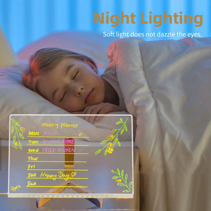 Glowing LED Drawing Board Lamp – Transparent Acrylic Erasable Memo Night Light, USB-Powered.