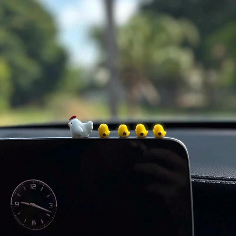 5PC Car Interior Decoration Set – Cute Female Cartoon Figurines with Mini Yellow Chicken for Rearview Mirror & Air Outlet