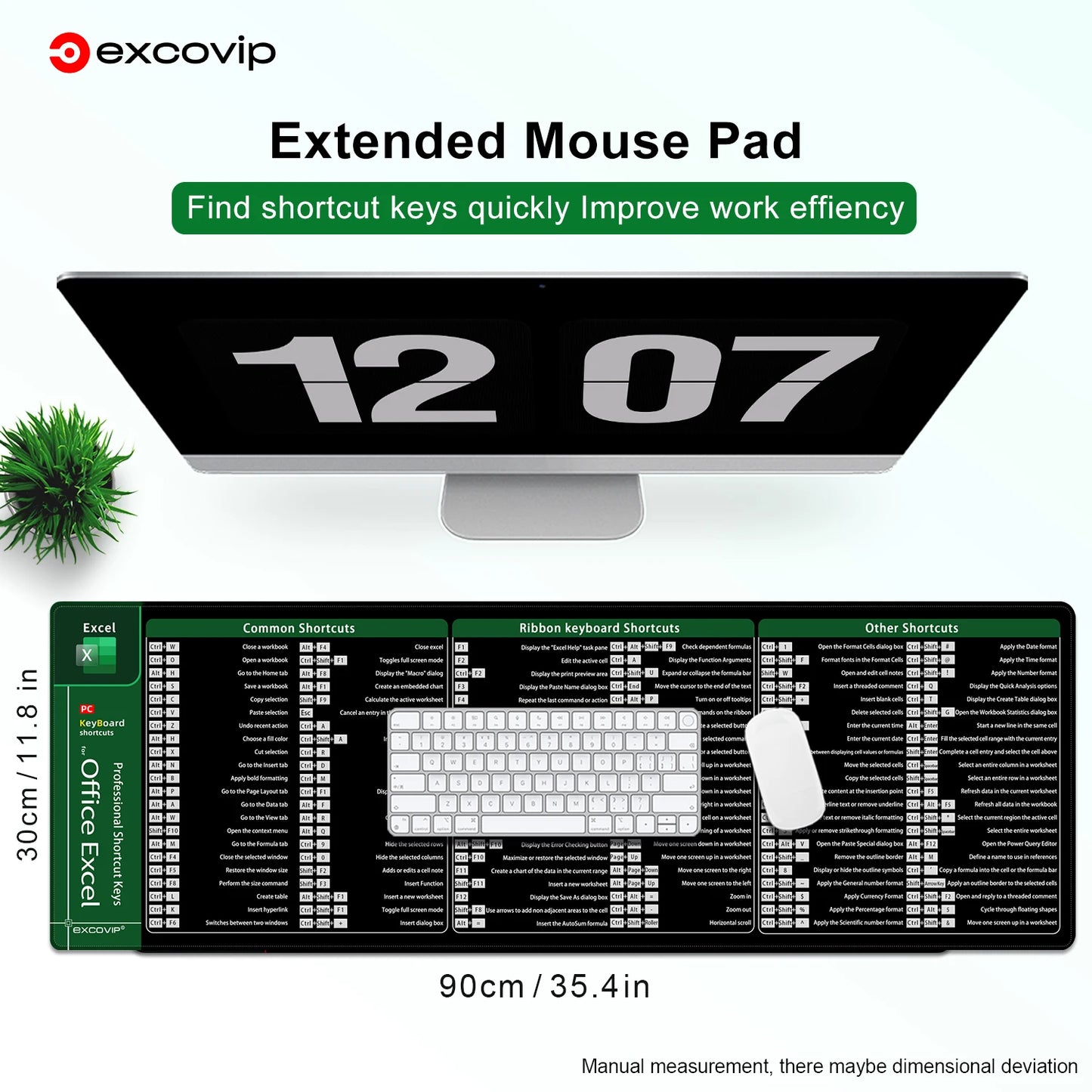 EXCO Excel Shortcuts Mouse Pad – Large Extended Office Desk Mat with Stitched Edge and Non-Slip Base