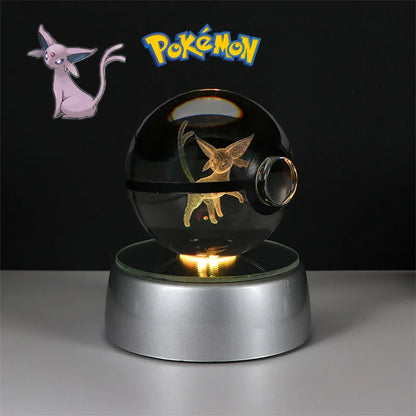 Pokemon 3D Crystal Ball Lamp – Pokeball Base with Glass Pokemon Figures, LED Night Light