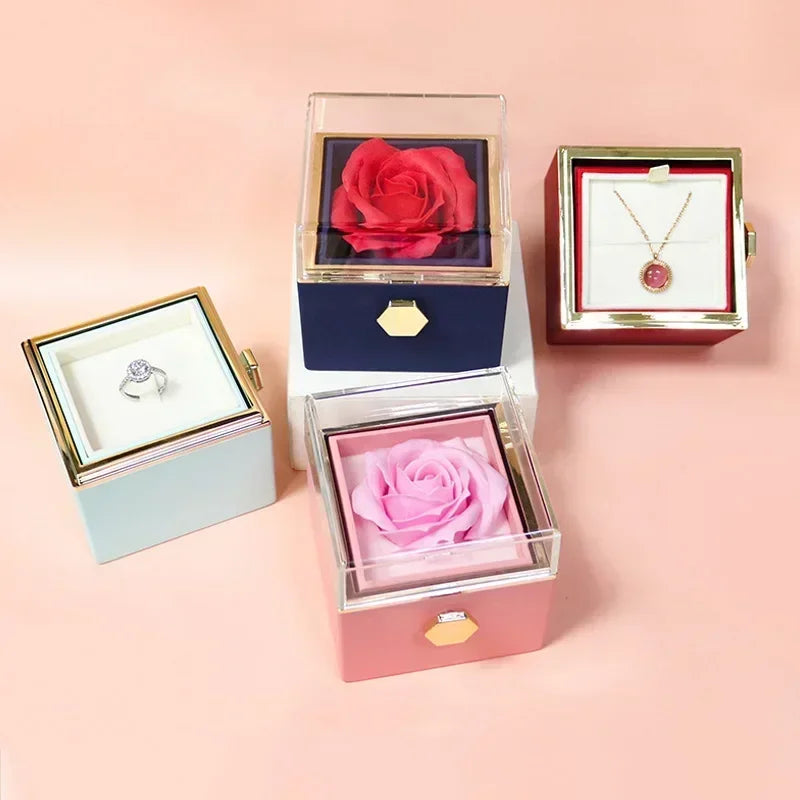 Rotating Eternal Rose Jewelry Box – Elegant Storage for Rings, Earrings, and Necklaces, Perfect Valentine's Day or Wedding Gift