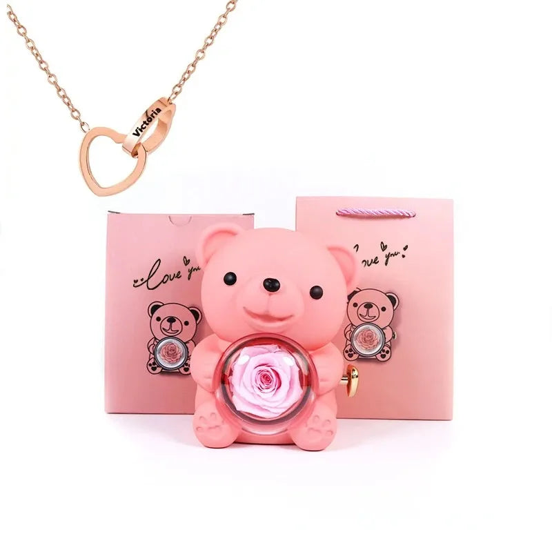 Eternal Rose Teddy Bear Jewelry Gift Box with Necklace – Romantic Storage Case for Valentine’s Day and Weddings