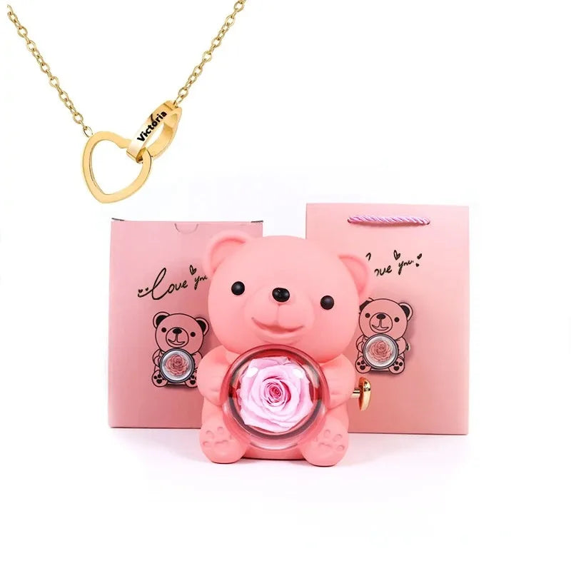 Eternal Rose Teddy Bear Jewelry Gift Box with Necklace – Romantic Storage Case for Valentine’s Day and Weddings