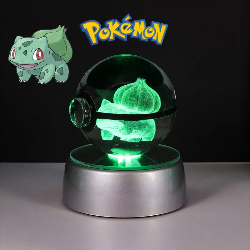 Pokemon 3D Crystal Ball Lamp – Pokeball Base with Glass Pokemon Figures, LED Night Light