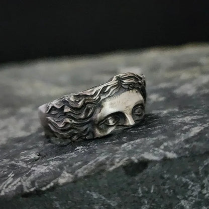 Creative Venus Mask Ring for Men – Retro Thai Silver Relief with Adjustable Opening, Perfect Confessing Gift