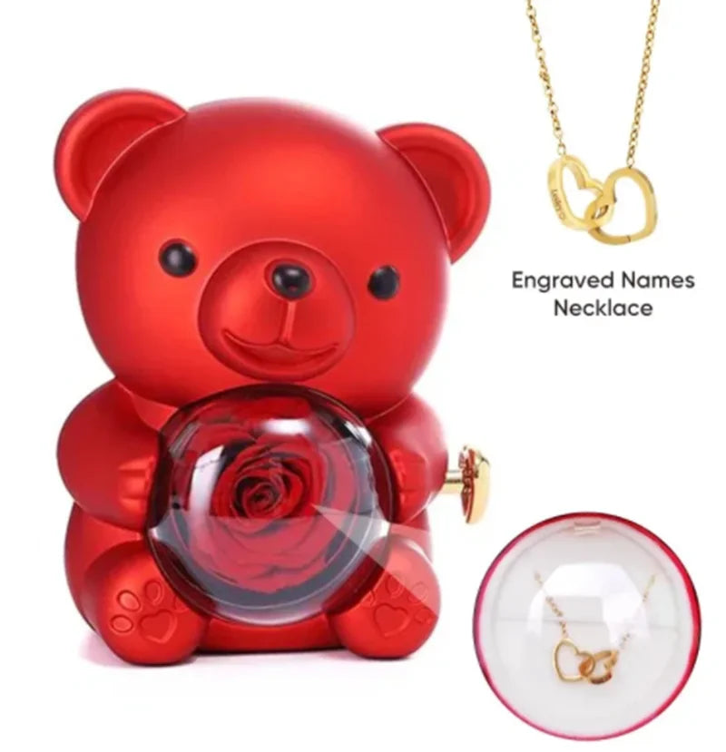 Eternal Rose Teddy Bear Jewelry Gift Box with Necklace – Romantic Storage Case for Valentine’s Day and Weddings