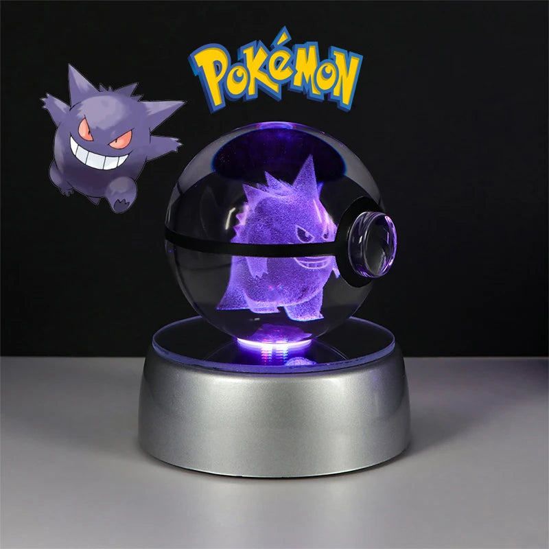 Pokemon 3D Crystal Ball Lamp – Pokeball Base with Glass Pokemon Figures, LED Night Light