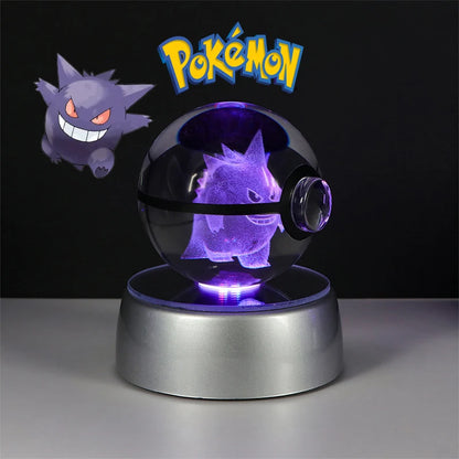 Pokemon 3D Crystal Ball Lamp – Pokeball Base with Glass Pokemon Figures, LED Night Light