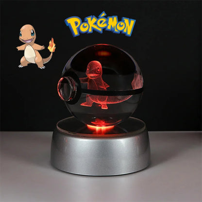 Pokemon 3D Crystal Ball Lamp – Pokeball Base with Glass Pokemon Figures, LED Night Light