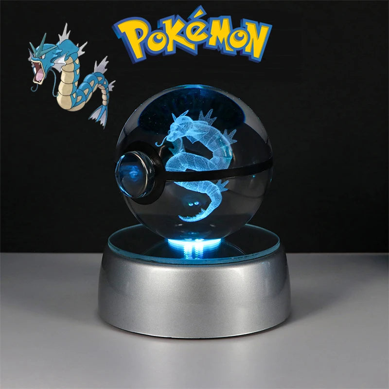 Pokemon 3D Crystal Ball Lamp – Pokeball Base with Glass Pokemon Figures, LED Night Light