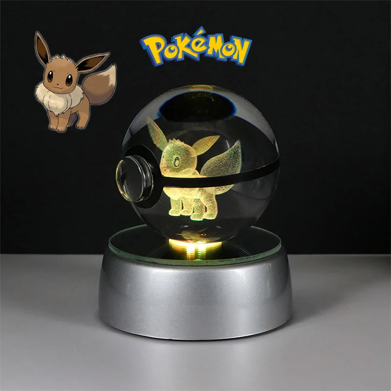 Pokemon 3D Crystal Ball Lamp – Pokeball Base with Glass Pokemon Figures, LED Night Light