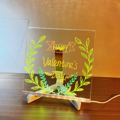 Glowing LED Drawing Board Lamp – Transparent Acrylic Erasable Memo Night Light, USB-Powered.