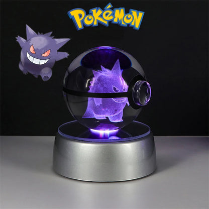 Pokemon 3D Crystal Ball Lamp – Pokeball Base with Glass Pokemon Figures, LED Night Light